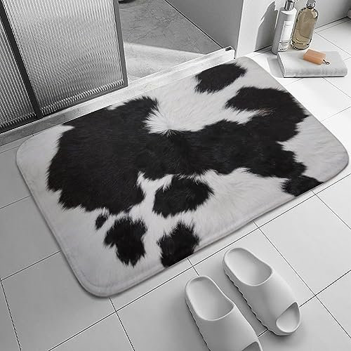 Schwarz-weißer Kuhfell-Druck, Badezimmerteppich, Kuhfell, Badematte, rutschfest, waschbar, für den Innenbereich, Fußmatte, Läufer, Teppich für Badezimmer, Zuhause, Büro, Wohnzimmer, 61 x 40,6 cm
