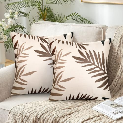 Kissenbezug 45x45 2er Set Kissenbezug Polyester Kissenbezüge Braun Blätter Kissen Kissenhülle Dekokissen Natur Landhausstil Dekorative Sofakissen für Sofa Couch Wohnzimmer Garten Outdoor Couchkissen
