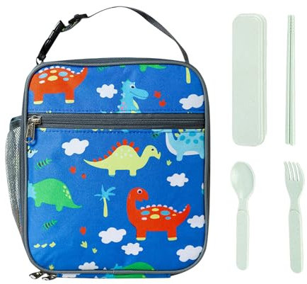 KVBUCC Dinosaur Lunch Bag With Cutlery Set, Waterproof Insulated Cooler, Portable Storage for Students (Blue)