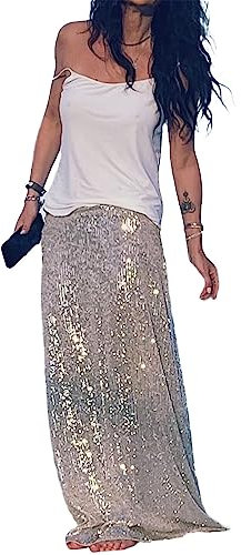 Achlibe Damen Pailletten Lange Röcke Niedrige Taille Party Röcke Frühling Sommer Casual Röcke Y2K Streetwear Sparkly Rock, silber, S