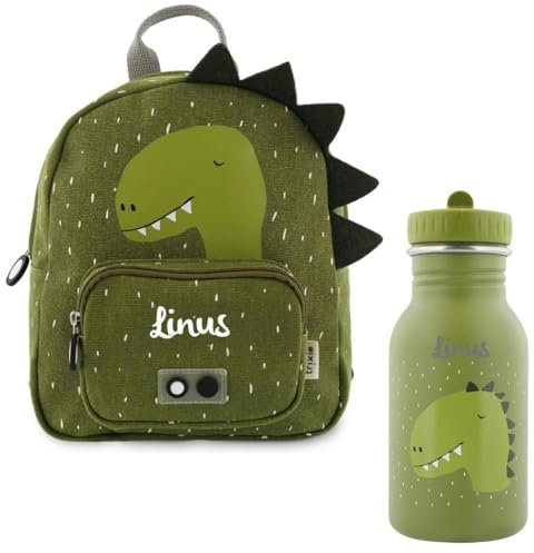 KIDSLINO Personalisierter Kinderrucksack mit Namen, Trixie Dino-Design, Ideal für Kindergarten, Kita, Verstellbare Gurte, Kinderfreundliche Reißverschlüsse, Optional mit Trinkflasche
