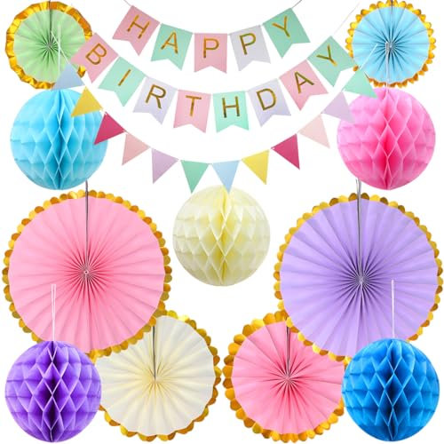 DOJoykey Set di decorazioni per feste di compleanno pastello, ventagli di carta appesi, palline a nido d'ape, striscione 'Buon Compleanno', bandierine per decorazioni per feste di compleanno