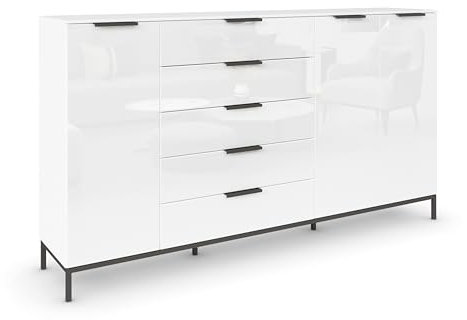 Rauch Möbel Flipp, Kommode mit Stauraum für Wohnzimmer, Schlafzimmer, 4 Fachböden, mit Metallkufe graphit, Alpinweiß/Glasfront Weiß, 3-türig, Glastüren, 5 Schubkästen, Griffe graphit, 199x111x42cm