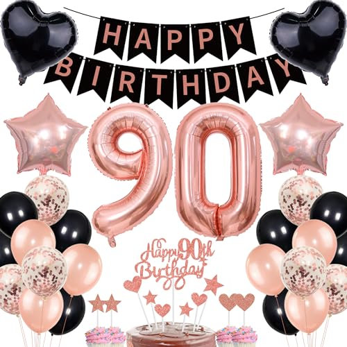 90th Birthday Decoration Set for Women - Rose Gold and Black Cake Topper, Banner, and Gift