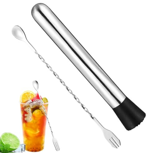 YATEICBC 2 Pcs Mortero de Acero Inoxidable para cócteles, Cuchara para Vino, Mezclador de mojitos, triturador de Hielo, Mezclador de cócteles, Cocina, Bar, Restaurante Mortero para cócteles