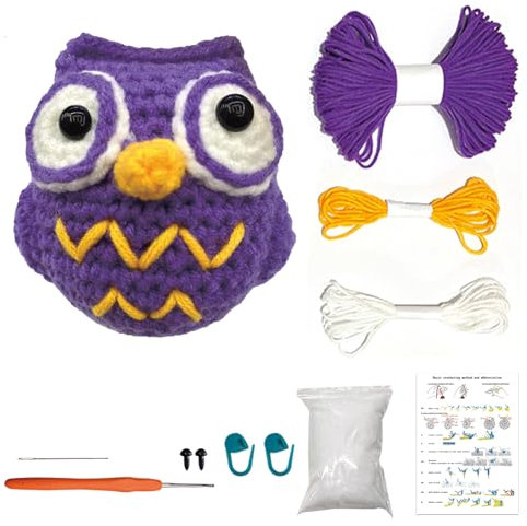 MJARTORIA Strickset Häkelset für Anfänger Tiere, Häckeln Stricken für Anfänger Set mit Anleitung, Kreativ Strickset Bastelset Erwachsene Kinder Geschenk(Lila Eule)