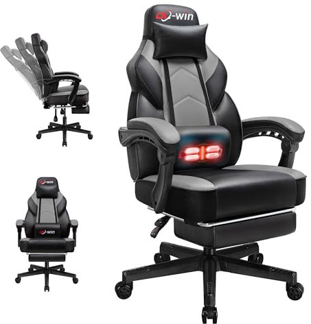 DL-win Video Gaming Chairs for Adults, Computer Chair with Footrest and High Back, Big and Tall Gamer Chair's with Massage Lumbar Support, 360° Swivel Height Adjustable Computer Chaires, Grey