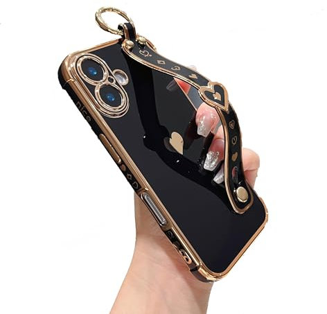 DEFBSC for iPhone 16 Case with Wrist Strap, Cute Side Love Heart Plating Edge Phone Case with Heart Pattern Wristband Finger Holder Stand Soft TPU Bumper Shockproof Protective Case - Black