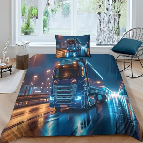 VUDBELAFC LKW Bettbezug Set Bettwäsche Set Kinderbettwäsche-Set Reißverschluss Mit Kissenbezügen Betten Set Für Jungen Und Mädchen, Kinder Single(135x200cm)