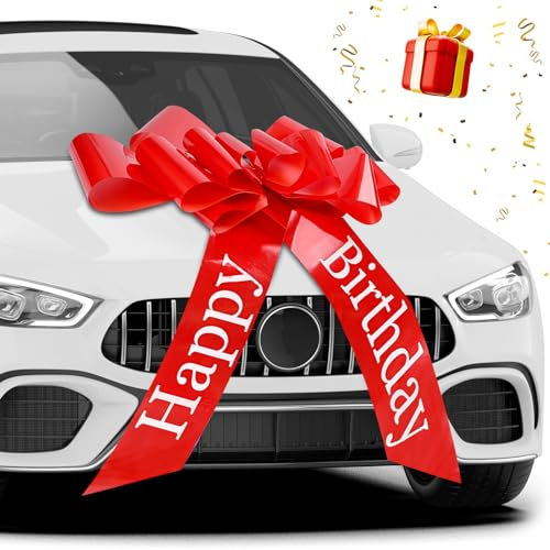 GIBOHOM Lazo Grande para Coche, Lazo Rojo Grande 76 cm, Automontable Reutilizable Lazo de Regalo para Coche, Bicicleta, Navidad, Boda, Cumpleaños, con Ventosa y 4 Lazos Pequeños, Happy Birthday
