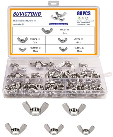 80pcs Wing Nuts,304 Stainless Steel Wingnuts 1/4-20,5/16-18,3/8-16,5/32-32,3/16-24 Fasteners Parts Butterfly Nut,Hand Twist Tighten Hardware Nuts for Outdoor/Sports/Construction Equipment