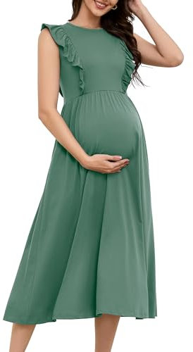 OUGES Womens Summer Maternity Maix Dress Ruffled Zipper High Waist Short Sleeveless Nursing Dress Crew Neck A Line Midi Casual for Breastfeeding Pregnancy Clothes(Gray Green,M)