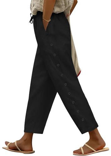 Voqeen Sommerhose Damen Leicht und Luftig 7/8 Palazzo Hose Sommer Stoffhose Weite Baumwolle Freizeithose Plissee Lockere mit Taschen und Gummizug für Urlaub Strand Arbeit