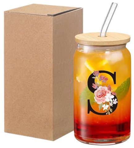 Larfraecy 16Oz Initial Personalised Glass Cup with Lids and Straw,Initial Floral Glass,Iced Coffee Cup,Clear Drinking Cups for Milk,Juice,Beer,Tumblers Gifts for Women,Friends (S)