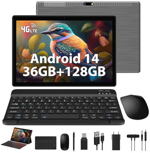 WOREGOO Tablet Android 14 de 10 Pulgadas, 4G LTE y WiFi 5G, 36 GB RAM + 128 GB ROM (1TB TF), Octa-Core, 1280 * 800HD/8000 mAh/5 MP+8 MP/Bluetooth 5.0/GMS, Tablet con Teclado, Ratón, Funda,-Gris