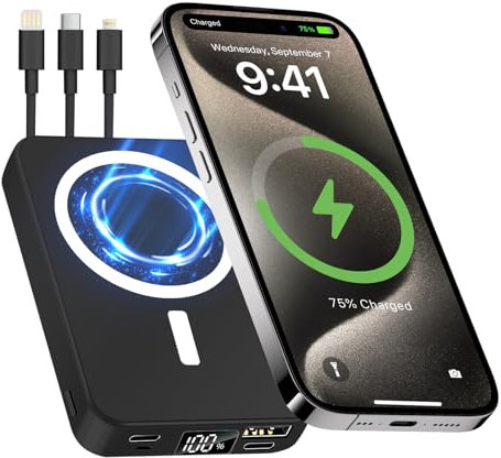 Anluomafuy Power Bank, 10000mAh Powerbank Magnetico, Caricatore Portatile, con Display LED e Tre Cavi Integrati, Powerbank USB-C Compatibile con iPhone 15/16 Xiaomi Android Altri (Nero)