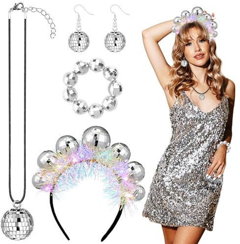 Xerteam 4pcs Discokugel Haarreif,Discokugel Ohrringe Discokugel Armband,Halskette, Disco Outfit Damen Haarreif Discokugel Deko für Karneval,Weihnachten und Kostüm Disco Party
