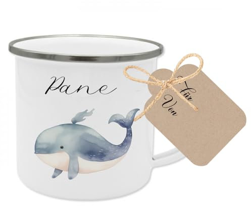 Manufaktur Liebevoll Namenstasse Kinder Kindertasse Personalisiert Emaille Tasse Mädchen Junge Geschenk Wal Meerestier Becher