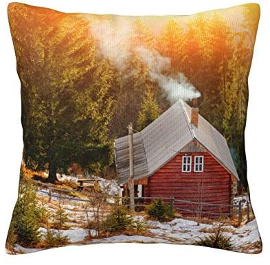 Rotes Kleines Holzhaus Sofakissenbezug Süße Kissenbezug Vintage Kissenhülle Für Balkon Bauernhaus Schlafzimmer 45X45Cm