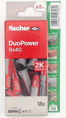 fischer - Duopower 8x40-18U, Tacos para pared multimaterial, sirven para Colgar Bicicletas, Cuadros, Armarios, Soportes de Televisión, Estanterías, Muebles.