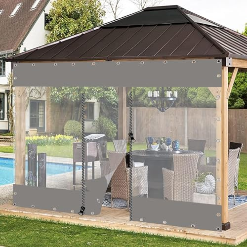 Vinylvorhang im Freien mit Reißverschleißtür Clear Tafel Panel Hochleistungswetterbeständige Paneelvorhänge für Terrasse, Pergola, Veranda, Pavillons, Grau, 2x2 m/6,5 x 6,5 Fuß