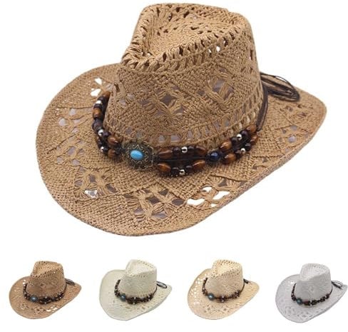 Straw Cowboy Hat, Cowgirl Hat Women/Mens, Wide Brim Straw Cowboy Hats, Breathable Hollow Out Western Sunhat for Women, Summer Beach Accessory for Travel Holiday, Summer Hats for Men