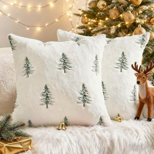 GADITIEK 45x45cm Christmas Cushion Covers, Set of 2 Fluffy Soft Plush Throw Pillow Covers with Christmas Tree Decor, White Xmas Cushion Covers Sofa, Winter Pillow Cases 18x18 Inch (White C)