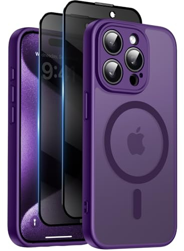 Qasyfanc für iPhone 15 Pro Hülle Sichtschutz Schutzfolie, Dunkelviolett | Magnetisch Handyhülle Matt Hard PC Kratzfest Stoßfest Transluzente Schutzhülle