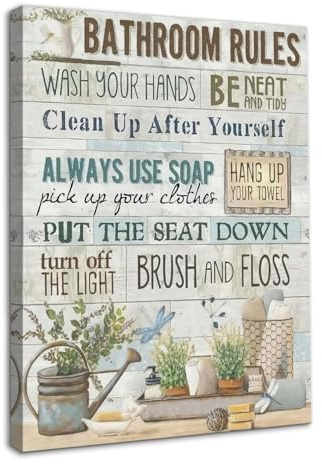 Dazzlewall Landhaus Badezimmer Wanddeko, Rustikale Badezimmer-Regeln mit hilfreichen Erinnerungen Wandbilder für Toilette Mit Rahmen 30x40 cm