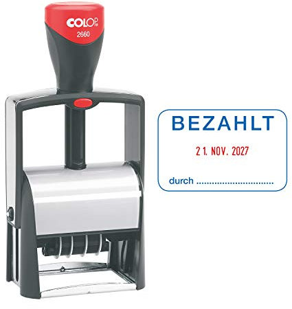 COLOP 2660 Datumstempel mit Text Bezahlt Datum deutsch Abdruck Blau/rot im Karton, klein