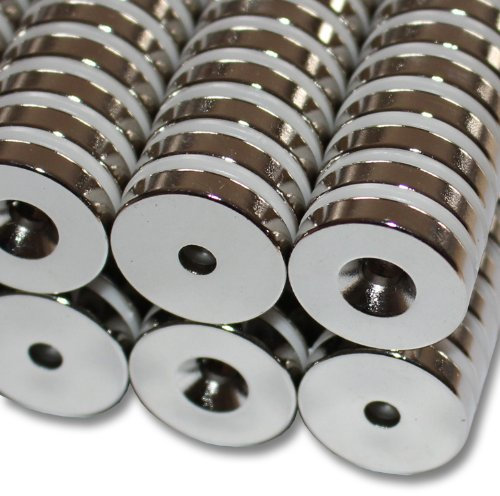 Magnethandel I 2 Stück Neodym Ringmagnete Ø 20 x Ø 4,2 x 4 mm Süd mit Bohrung und Senkung Starke Scheibenmagnete mit Bohrung Supermagnete Haftkraft 7,5kg Ringmagnete zum Verschrauben