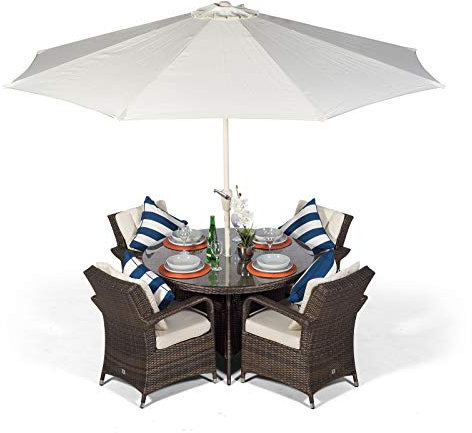 Arizona Luxury Rattan Dining Set | Round 4 Seater Brown Garden Table & Chairs | Outdoor Poly Wicker Patio Furniture With Parasol & Cover