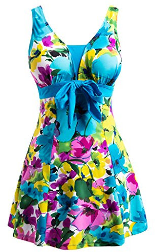 Wantdo Femme Maillots de Bain Une Pièce Robe pour Natation Sportif Impression Élasticité Imprimé Fleur Col en V Taille Plus Cache-Ventre Bretelles Larges Rembourré,Pers(02),EU44-46/ UK 16-18
