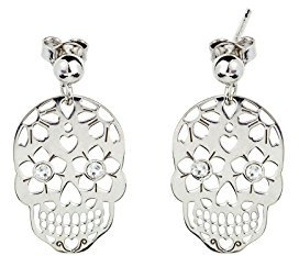 Aka Gioielli® - Boucles d'oreilles Pendantes Tête de Mort Argent 925 Rhodié avec Pendentif Crâne et Cristaux, Cadeau Fantaisie Femme