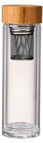 BUTLERS Teeflasche 450 ml Borosilikatglas - TEA TENDER - mit Teesieb | Farbe Klar - ø7 x H23 cm - Teezubereiter für Heißgetränke & Tee - Infuser Flasche für Wasser & Limonade - Holzverschluss