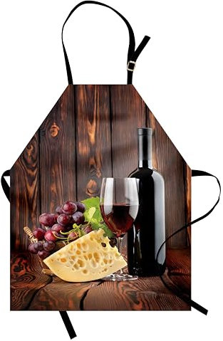 ABAKUHAUS Wein Kochschürze, Rotwein-Cabernet-Flasche und Glaskäse und Trauben auf hölzernem Planken-Druck, Höhenverstellbar Klare Farben ohne verblassen, Creme