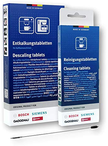 BSH Pflegeset mit Entkalkungstabletten, Reinigungstabletten und Milchsystem Bürste, kompatibel zu Bosch und Siemens Kaffeeautomaten