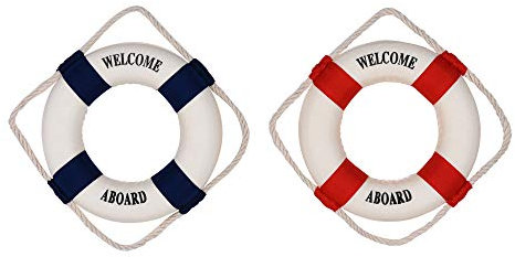 Beautyflier Nautische Rettungsring Buoy Willkommen an Bord Stoff Deko Home Wand Hanging Decor Ornament, Rot und Marineblau