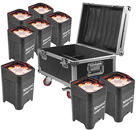 BeamZ BBP96 - Akku LED Strahler Uplight 8er Set - 6 x 12 Watt LED Spot Bühnen, Wireless DMX Party Strahler im Flightcase, Bühnenbeleuchtung, Lichteffekte, Fernbedienung, Soundmodus, Disco Strahler