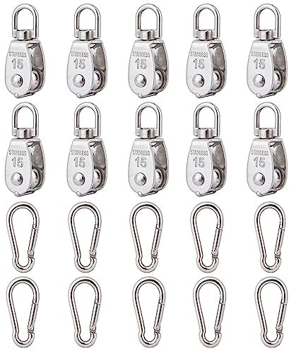 10 Stück M15 Umlenkrolle, Edelstahl 304 Riemenscheibe Einzelsatz, Stahlseil zum Aufhängen, Hängedraht Schlepprad, mit 10 Stück Karabinerhaken Clips