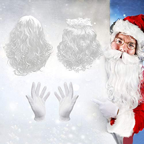 DECARTETA Weihnachtsmann Kostüm Zubehör Weihnachtsmann Perücke und Bart Nikolausbart Set Weiß Santa Claus Bart mit Handschuhe Nikolauskostüm deko Fancy Dress up für Weihnachten