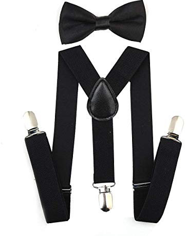SUNTRADE Kinder-Hosenträger mit elastischer Y-Form, verstellbar mit Clips und Fliege für Jungen und Mädchen (Schwarz)