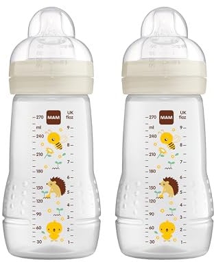 MAM Easy Active Trinkflasche im 2er-Set (270 ml), Baby Trinkflasche inklusive MAM Sauger Größe 1 aus SkinSoft Silikon, Milchflasche mit ergonomischer Form, 0+ Monate, Biene/Igel