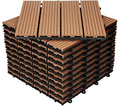 ECD Germany WPC Terrassenfliesen 30x30 cm/44 Stück=4m², Hellbraun geriffelt, Holzoptik, Bodenbelag mit Klicksystem und Drainage, Terrassendielen Balkonfliesen, Klickfliesen für Terrasse Garten Balkon