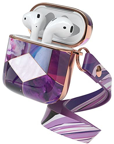 EAZY CASE - Schutzhülle für AirPods 1 & 2 Hülle Lila Hard Case Stoßfest mit Karabiner geeignet als Schlüsselanhänger Antikratz Etui rutschfest Hardcase für Airpod 2. / 1. Generation in Violett Marmor
