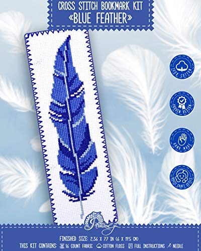Povitrulya Blue Feather Cross Stitch Bookmark Kit - DIY Embroidery Gift for Booklovers