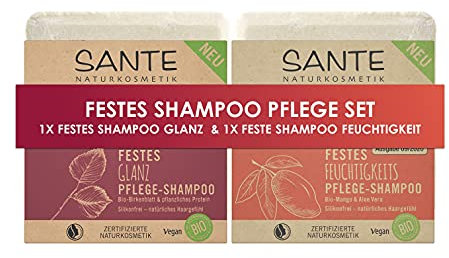 SANTE Naturkosmetik Festes Shampoo 2er Pack – Glanz mit Bio-Birkenblatt & pflanzlichem Protein + Feuchtigkeit mit Bio-Mango & Aloe Vera – vegan, plastikfrei, Naturkosmetik, je 60 g