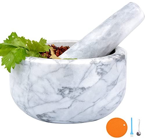 Mortar and Pestle Set Polished Natural Marble Stone Guacamole Molcajete Bowl with Base Silicone Pad,Matching Stainless Spoon and Matching Small Brush (Large, White Gray)
