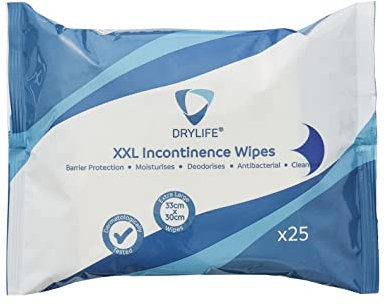 Drylife Premium 5-in-1 Fragranced Disposable XXL Incontinence Wipes | Moisturising Antibacterial Barrier Protection Skin Cleansing Cloths (1 Pack of 25)
