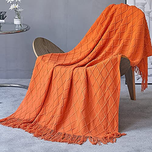 Wohndecke Weich Strick Wolldecke Quaste Kuscheldecke Sofadecke Schlafdecke Decke Strickdecke Heimdekoration, weich, warm, gemütlich, leicht, für Frühling, Sommer (Orange,130x180 cm)